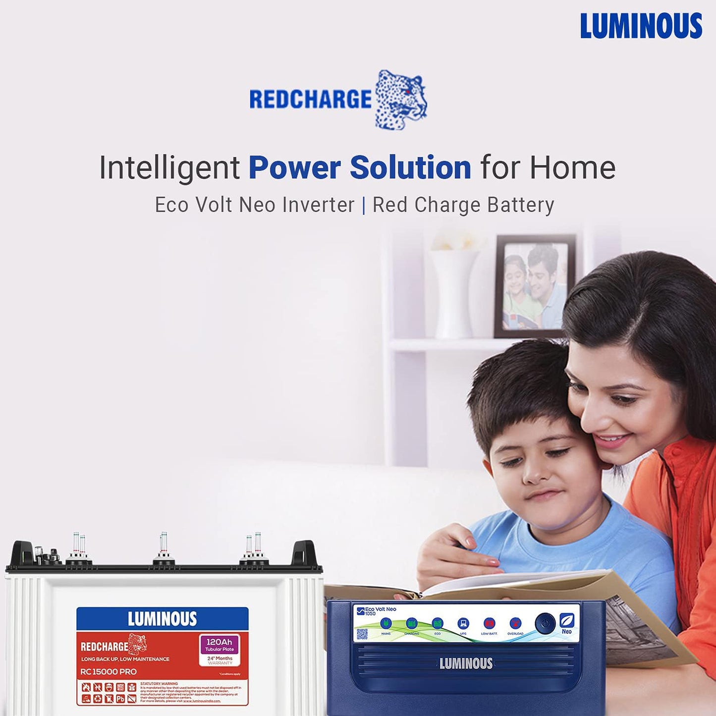 Luminous Inverter & Battery Combo for Home, Office & Shops (Eco Volt Neo 1050 Sine Wave Inverter, Red Charge 15000 PRO 120 Ah Tall Tubular Battery)