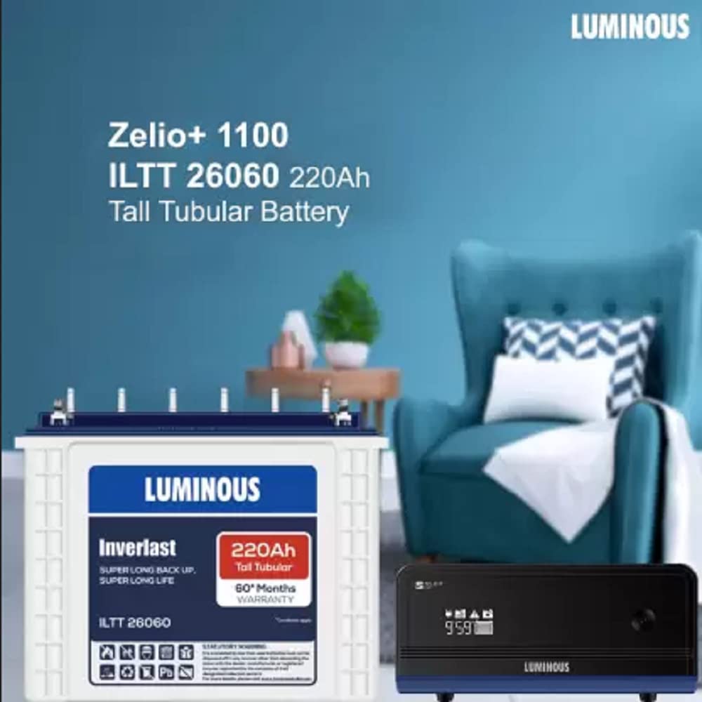 Luminous Inverlast ILTT26060 220Ah Tall Tubular Battery with Zelio+1100 Pure Sine Wave Inverter Tubular Inverter Battery (220Ah)