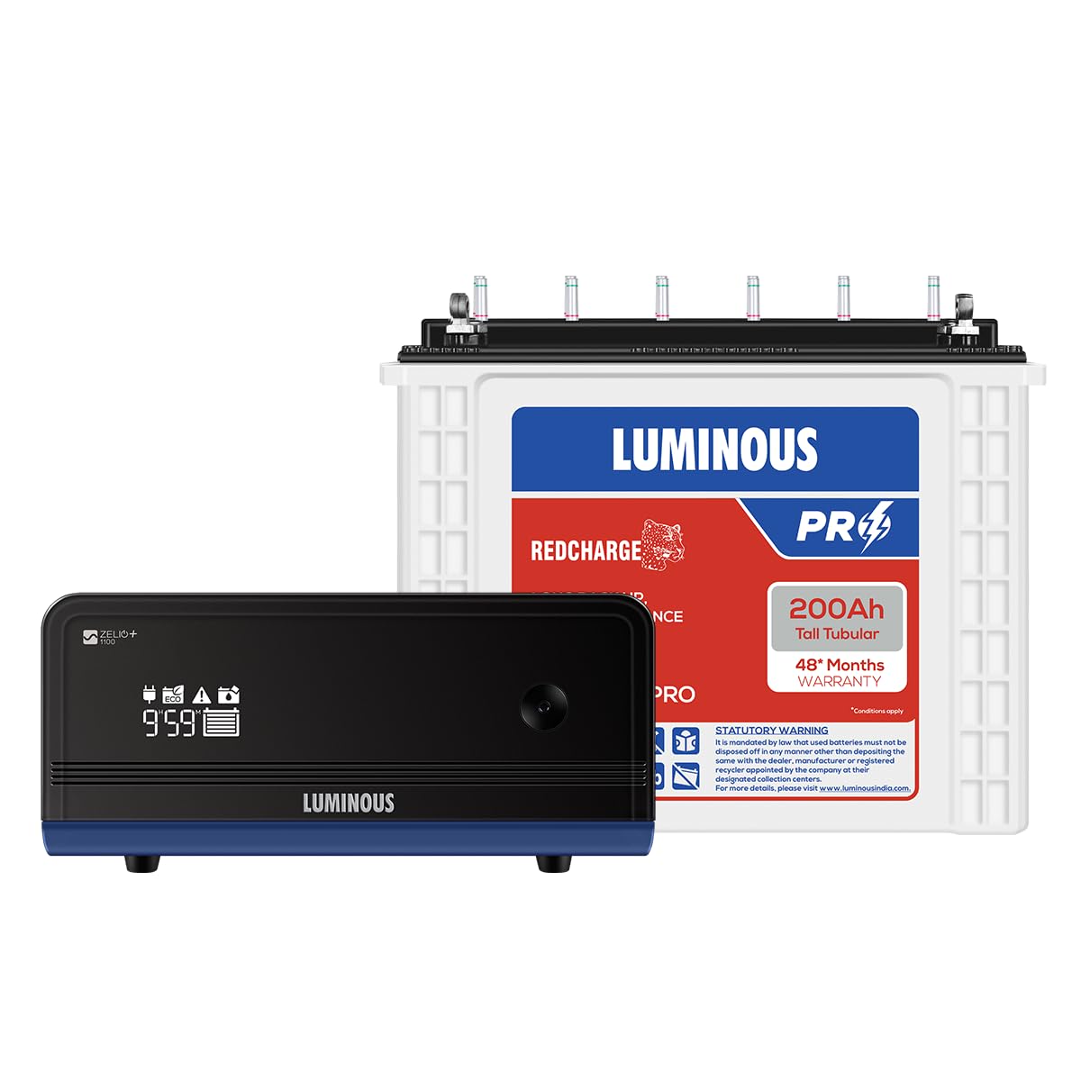 Luminous Inverter & Battery Combo (Zelio1100 Pure Sine Wave 900VA/12V Inverter with Red Charge RC25000 PRO 200Ah Battery) for Home, Office & Shops