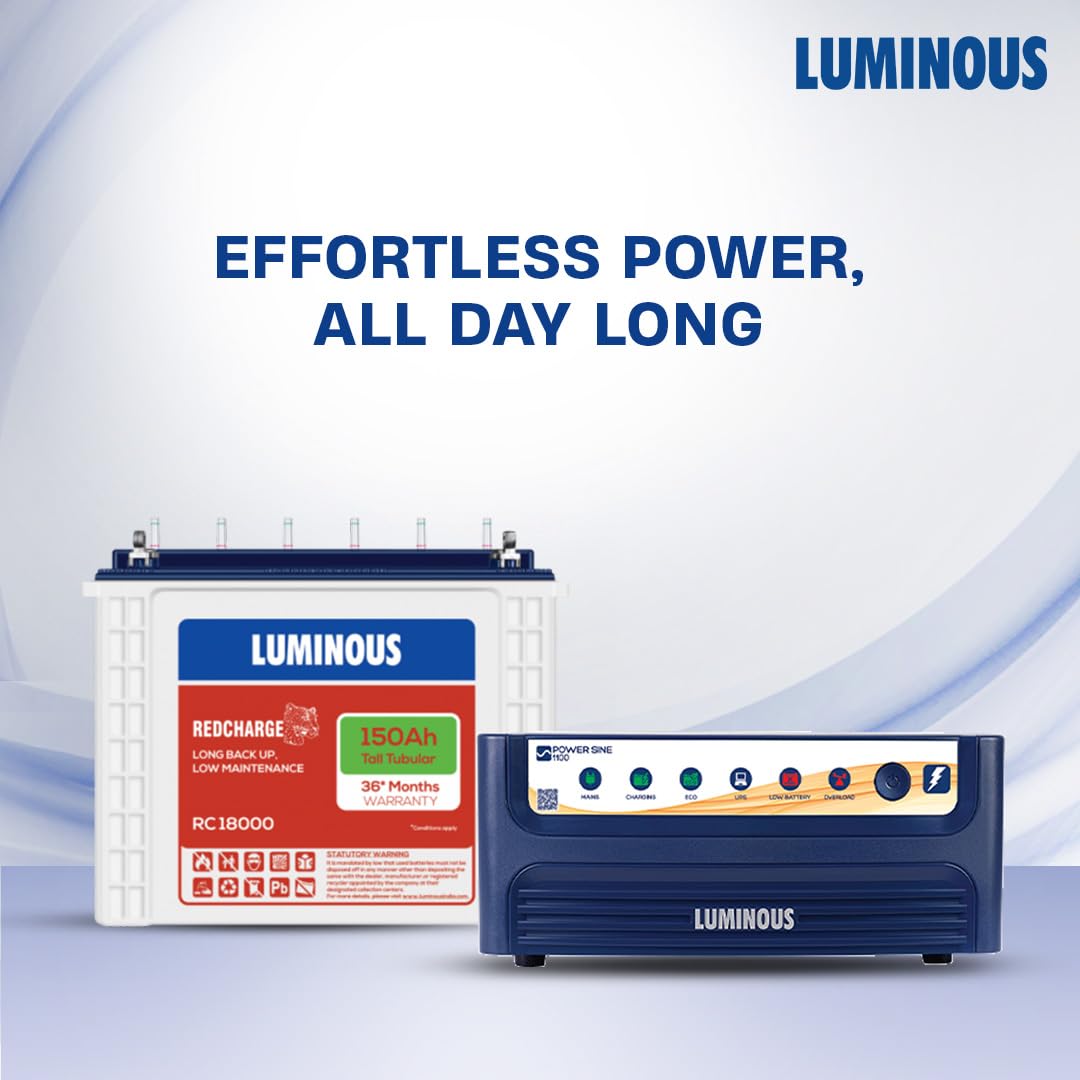 Luminous Inverter & Battery Combo for Home, Shop & Office – Power sine 1100 (900VA/12V) Pure Sine Wave Inverter + RC18000 150Ah Tall Tubular Battery | 36M Warranty on Inverter & Battery