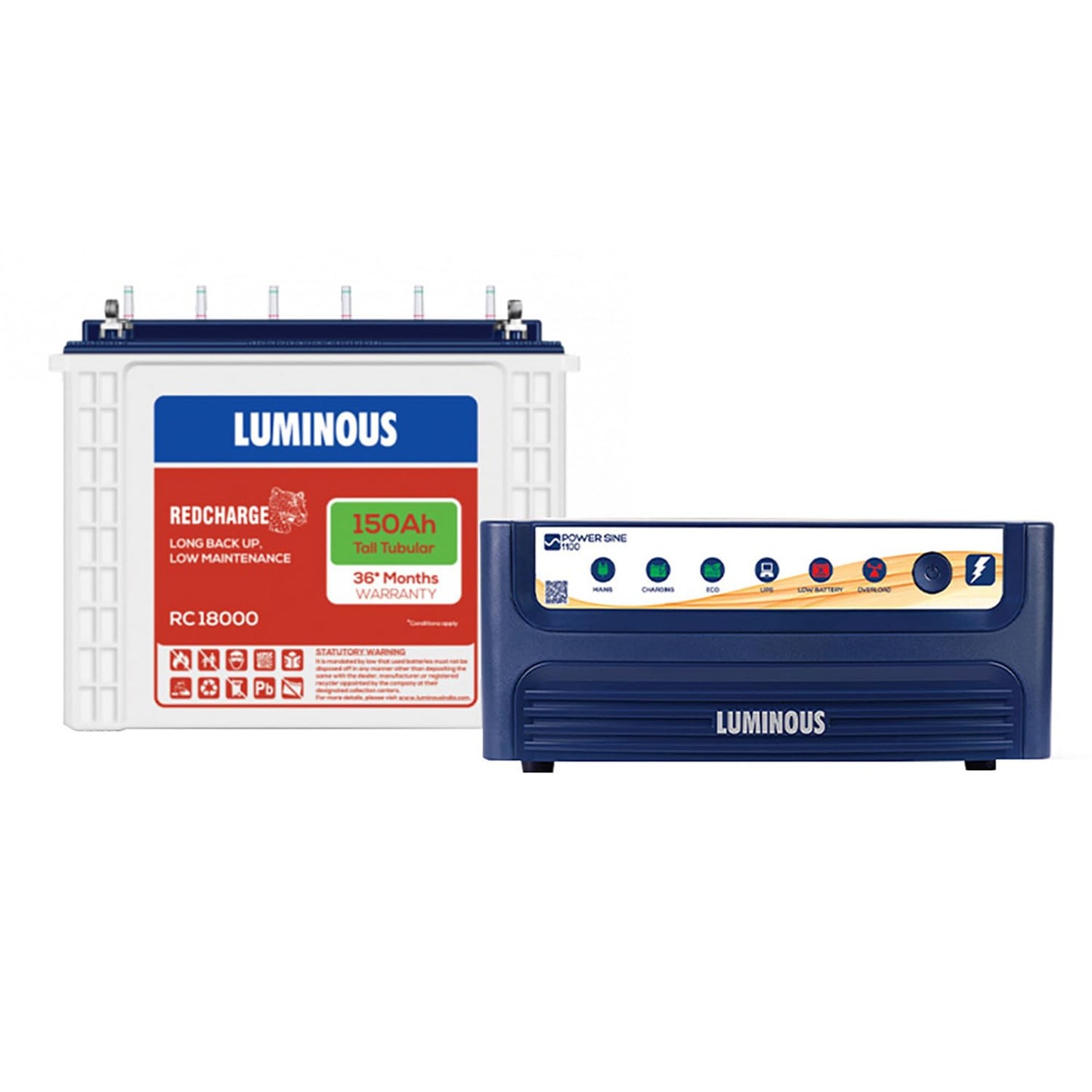 Luminous Inverter & Battery Combo for Home, Shop & Office – Power sine 1100 (900VA/12V) Pure Sine Wave Inverter + RC18000 150Ah Tall Tubular Battery | 36M Warranty on Inverter & Battery