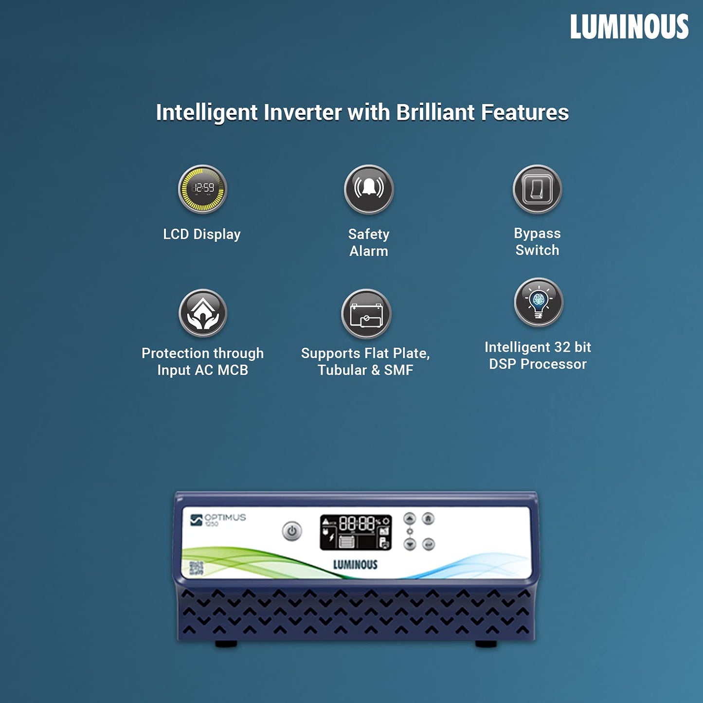 Luminous Inverter & Battery Combo (Optimus 1250 Sine Wave 1100VA/12V Inverter with Red Charge RC 24000 Tall Tubular 180Ah Battery) for Home, Office & Shops