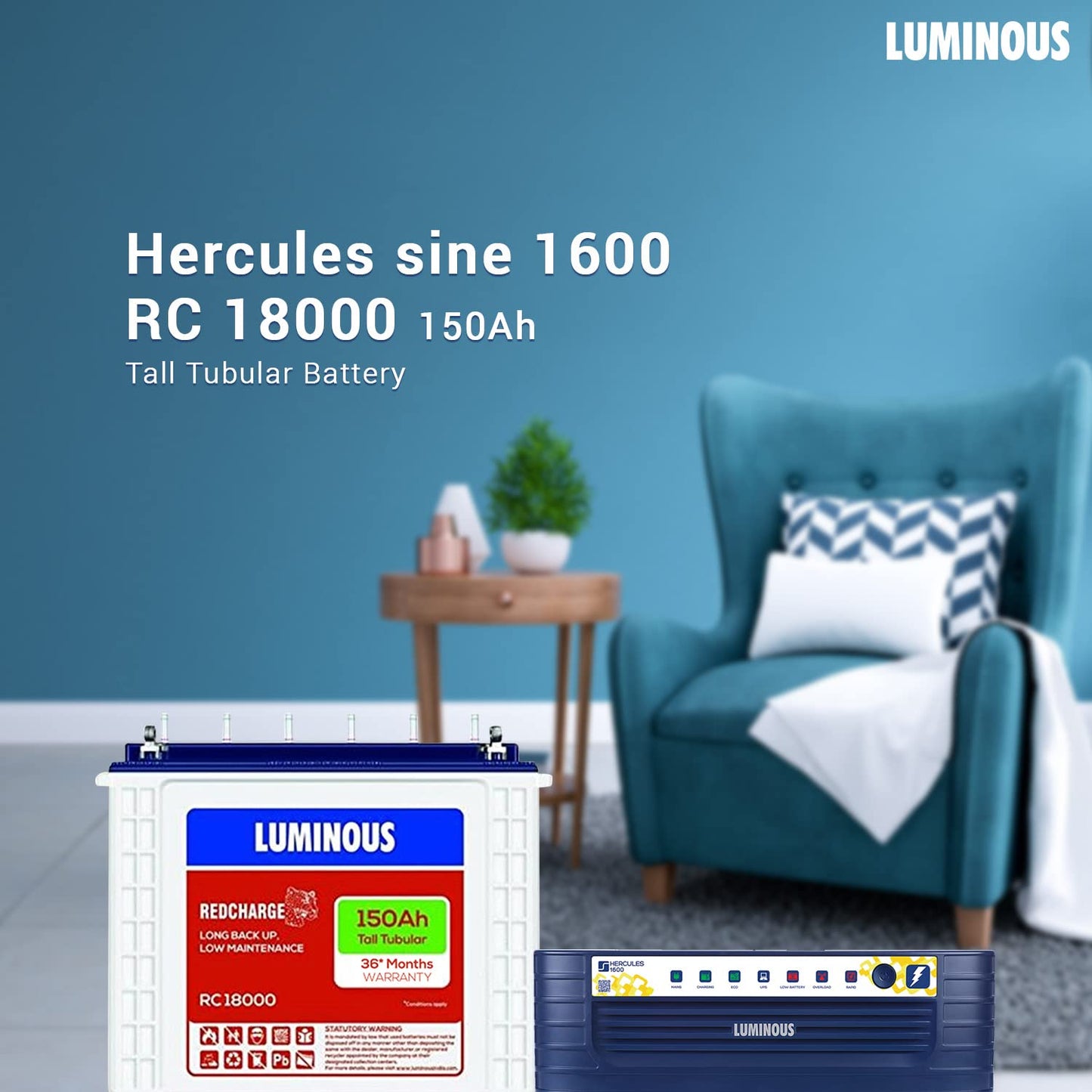 Luminous Inverter for Home, Office & Shop with Luminous Battery, Hercules 1600 Square Wave 1500VA 12 Volt Inverter with Red Charge RC 18000 Tall Tubular 150 Ah Battery & Trolley Combo,