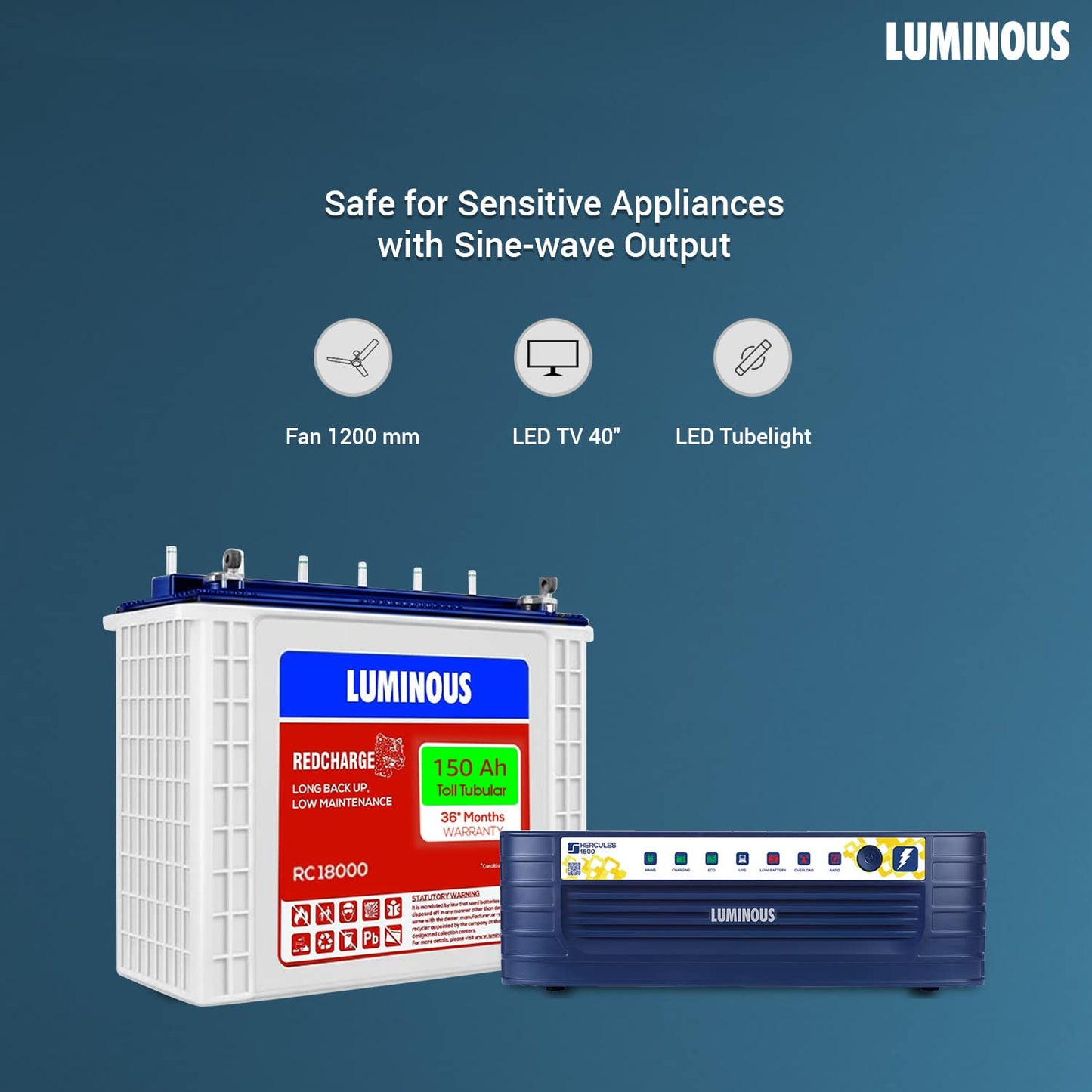 Luminous Inverter for Home, Office & Shop with Luminous Battery, Hercules 1600 Square Wave 1500VA 12 Volt Inverter with Red Charge RC 18000 Tall Tubular 150 Ah Battery & Trolley Combo,