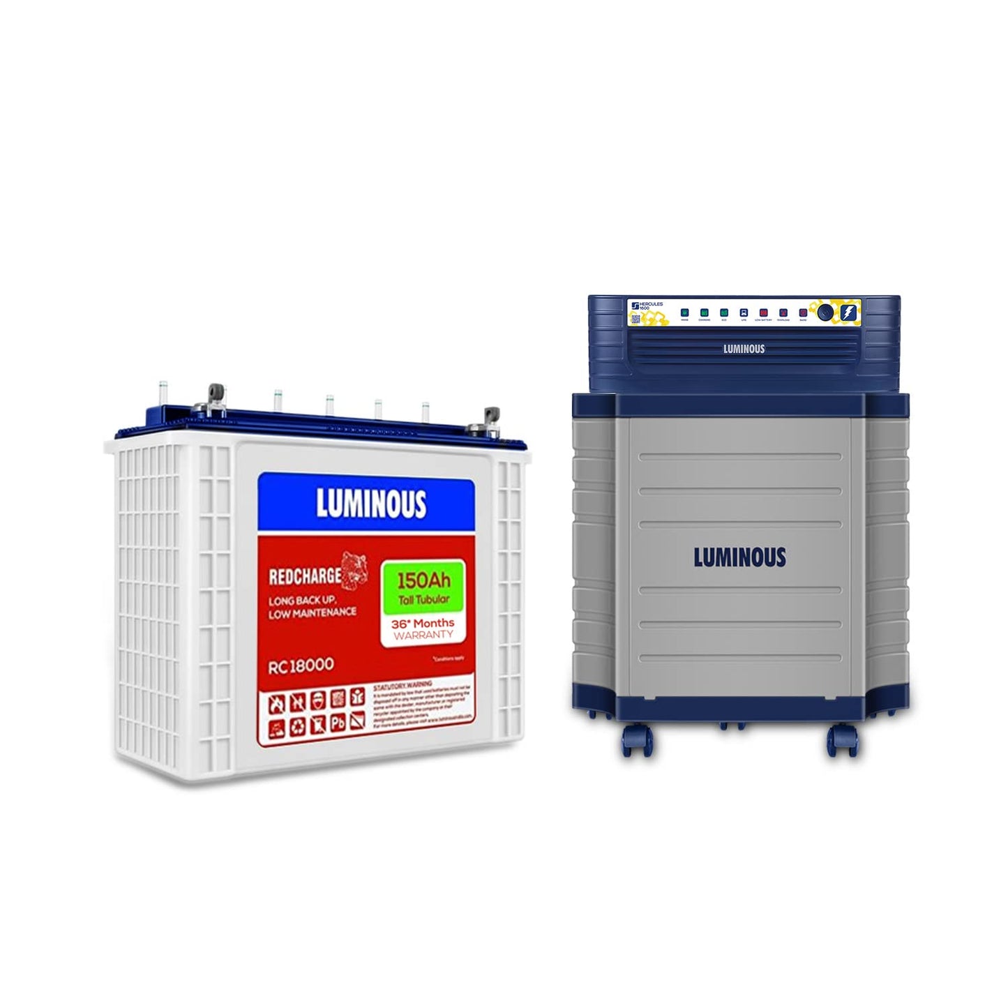 Luminous Inverter for Home, Office & Shop with Luminous Battery, Hercules 1600 Square Wave 1500VA 12 Volt Inverter with Red Charge RC 18000 Tall Tubular 150 Ah Battery & Trolley Combo,