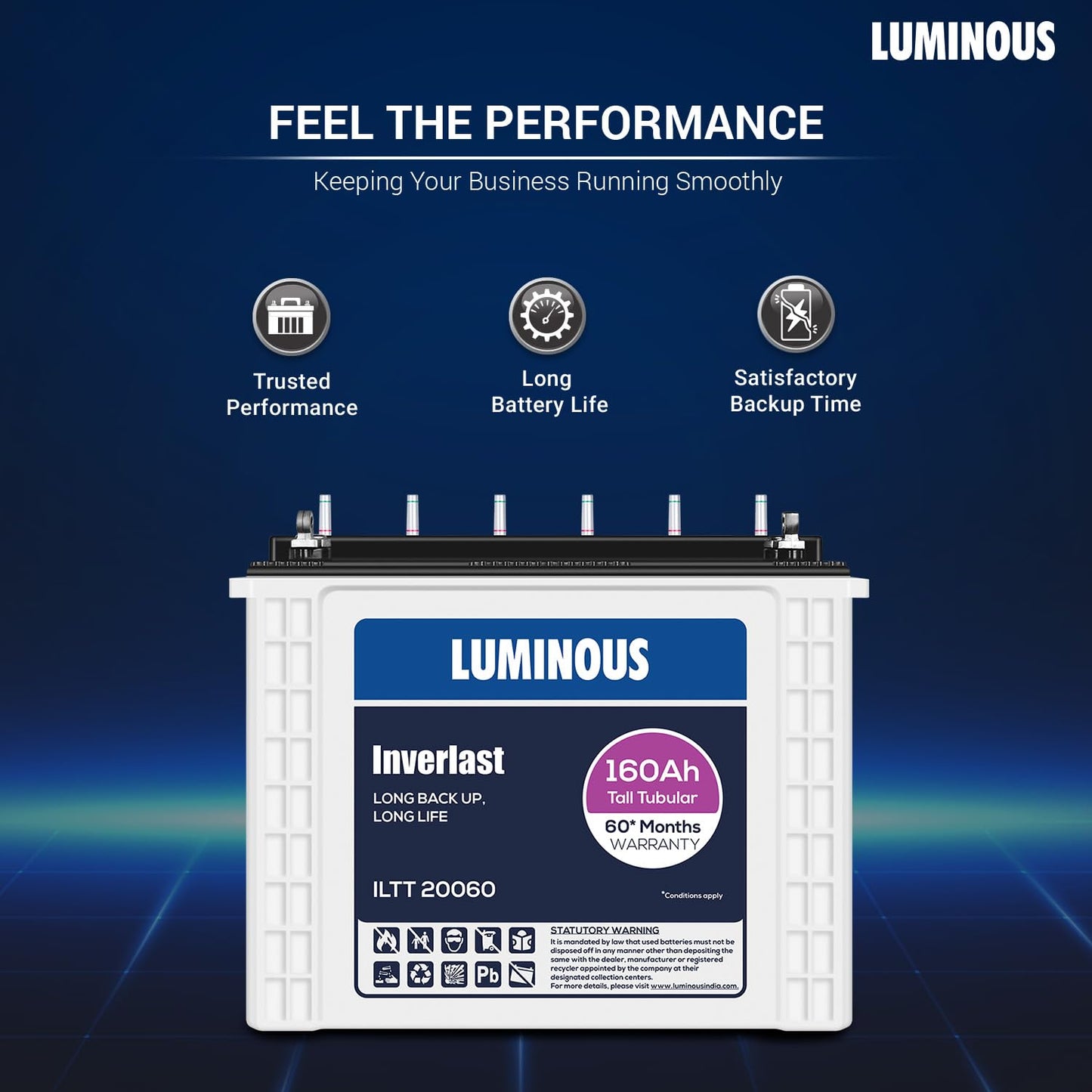 Luminous Inverter & Battery Combo (Zolt 1100 Pure Sine Wave 900VA/12V Inverter with ILTT 20060 Tall Tubular 160Ah Battery) for Home, Office & Shops