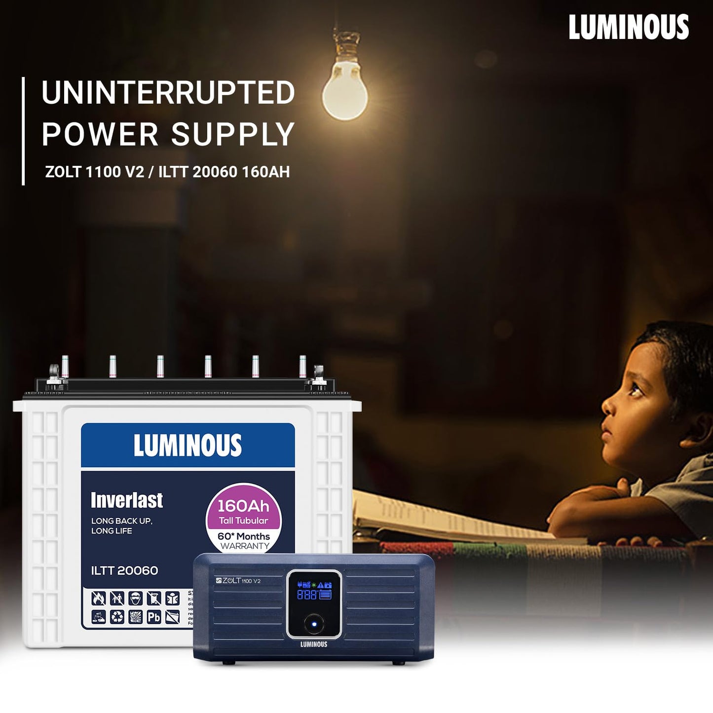 Luminous Inverter & Battery Combo (Zolt 1100 Pure Sine Wave 900VA/12V Inverter with ILTT 20060 Tall Tubular 160Ah Battery) for Home, Office & Shops