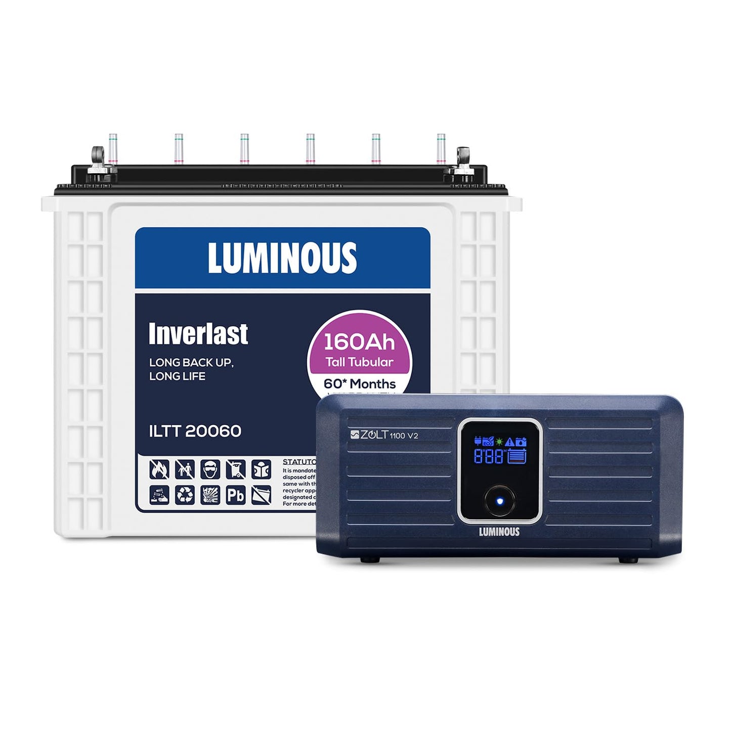 Luminous Inverter & Battery Combo (Zolt 1100 Pure Sine Wave 900VA/12V Inverter with ILTT 20060 Tall Tubular 160Ah Battery) for Home, Office & Shops