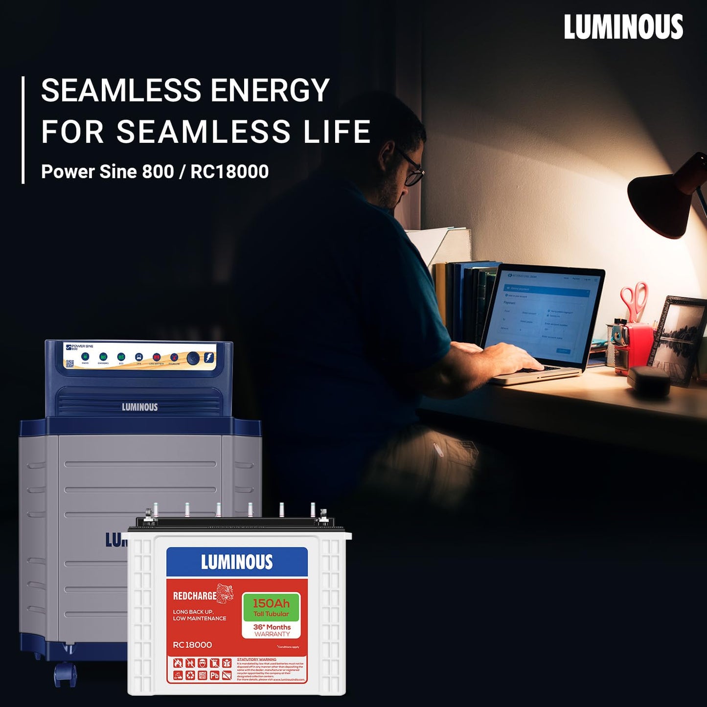 Luminous Inverter & Battery Combo (Power sine 800 Pure Sine Wave 700VA/12V Inverter with RC 18000 Tall Tubular 150Ah Battery + Trolley) for Home, Office & Shops