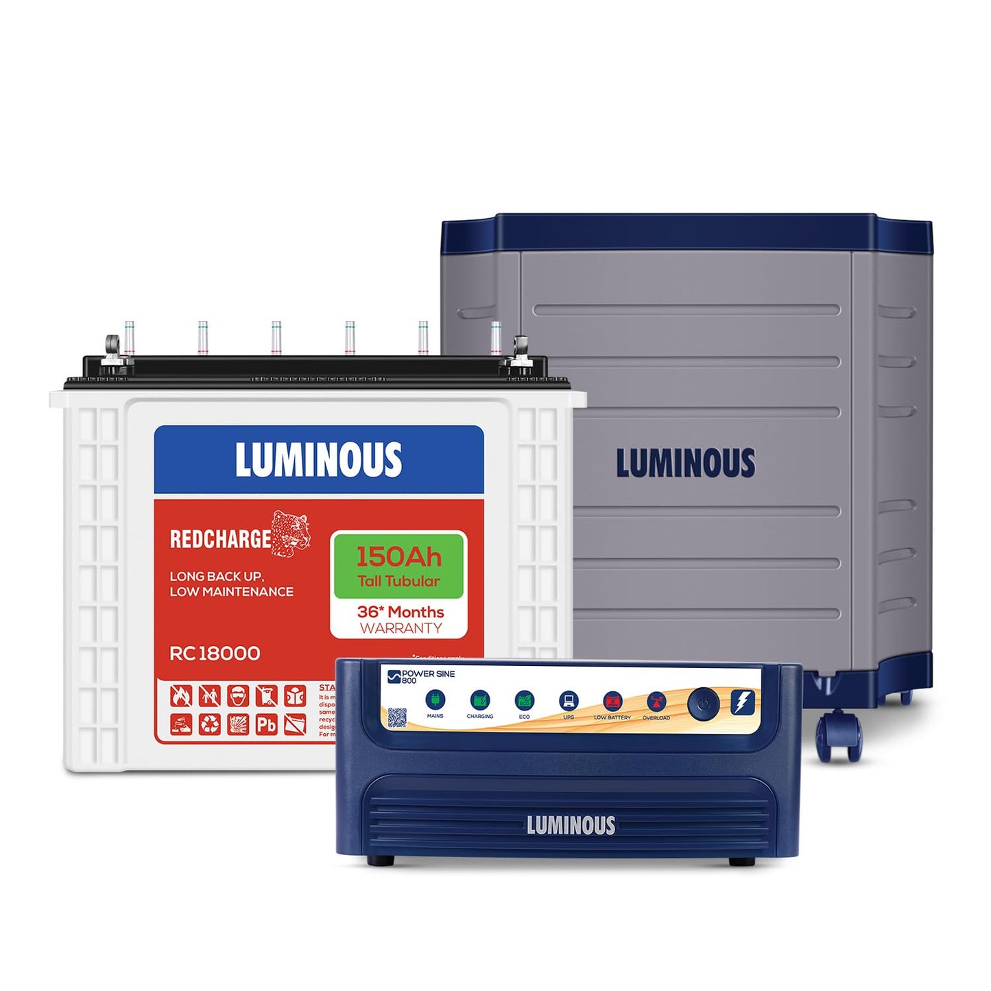 Luminous Inverter & Battery Combo (Power sine 800 Pure Sine Wave 700VA/12V Inverter with RC 18000 Tall Tubular 150Ah Battery + Trolley) for Home, Office & Shops