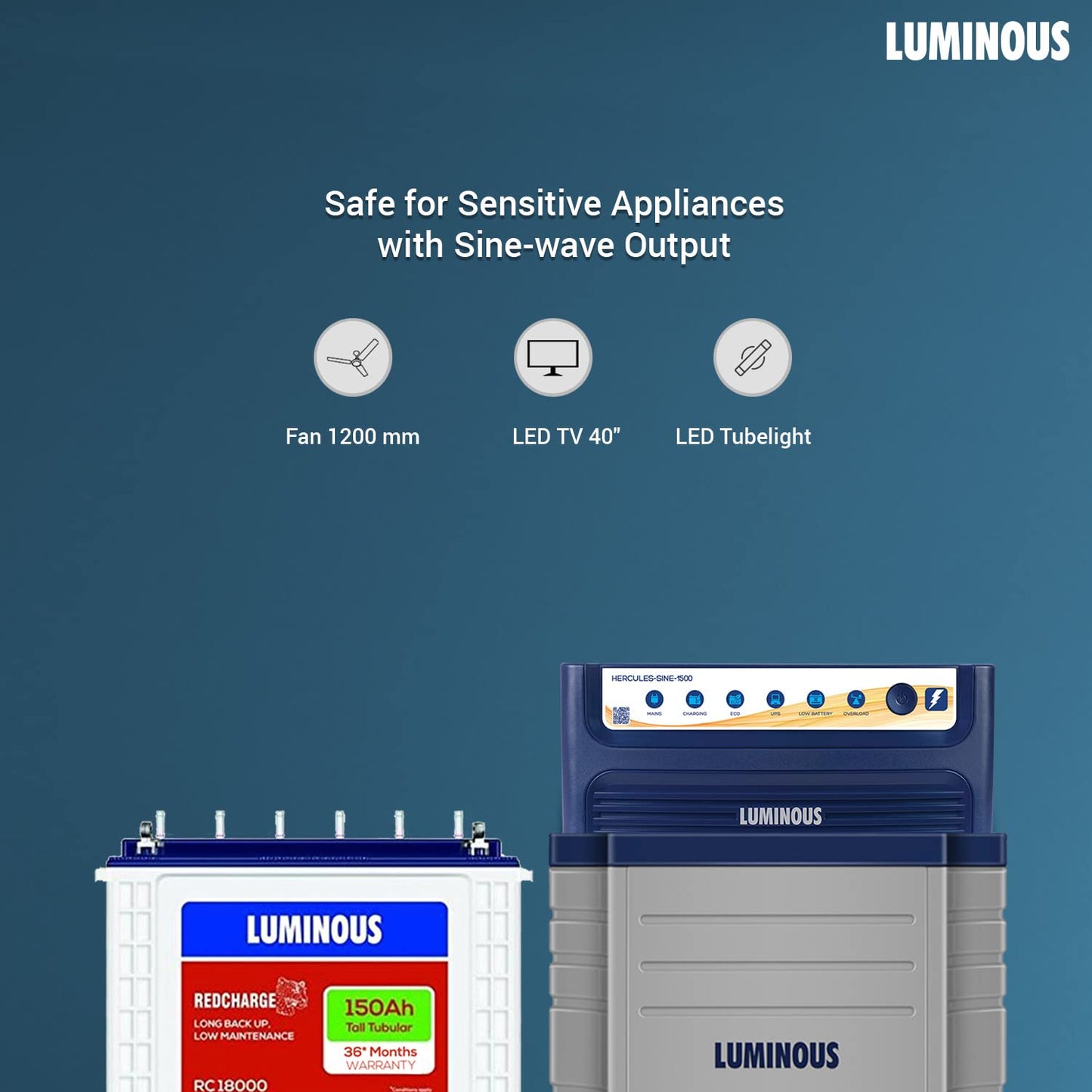 Luminous Inverter for Home, Office & Shop with Luminous Battery, Hercules 1500 Sine Wave 1400VA 12 Volt Inverter with Red Charge RC 18000 Tall Tubular 150 Ah Battery & Trolley Combo.