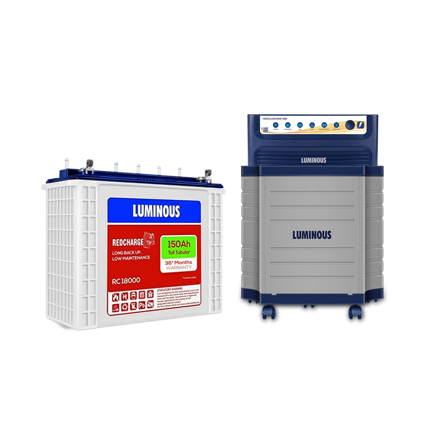 Luminous Inverter for Home, Office & Shop with Luminous Battery, Hercules 1500 Sine Wave 1400VA 12 Volt Inverter with Red Charge RC 18000 Tall Tubular 150 Ah Battery & Trolley Combo.