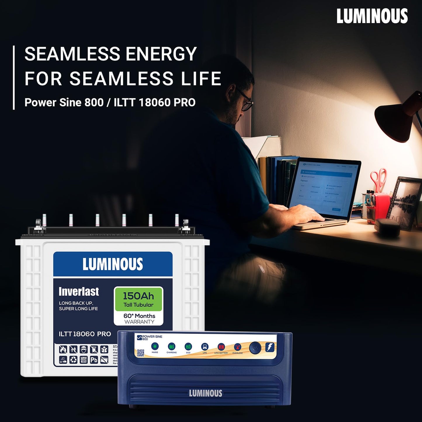 Luminous Inverter & Battery Combo (Power sine 800 Pure Sine Wave 700VA/12V Inverter with ILTT18060PRO Tall Tubular 150Ah Battery) for Home, Office & Shops