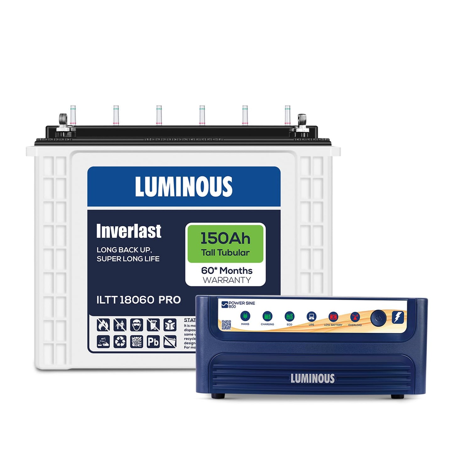 Luminous Inverter & Battery Combo (Power sine 800 Pure Sine Wave 700VA/12V Inverter with ILTT18060PRO Tall Tubular 150Ah Battery) for Home, Office & Shops