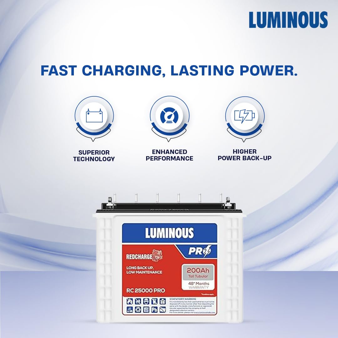 Luminous Inverter & Battery Combo (Power sine 1100 Pure Sine Wave 900VA/12V Inverter with Red Charge RC25000 PRO 200Ah Battery) for Home, Office & Shops
