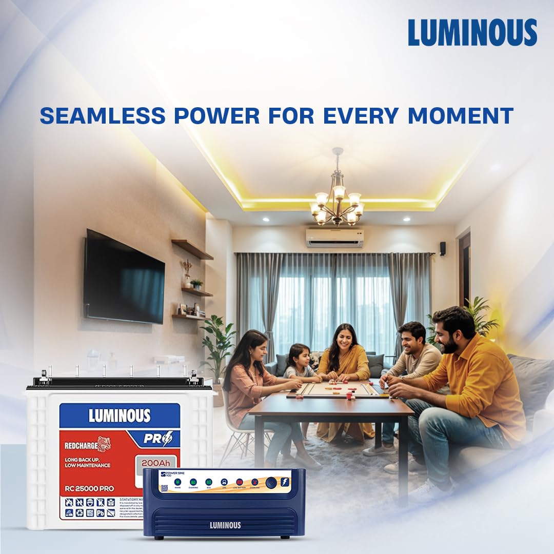 Luminous Inverter & Battery Combo (Power sine 1100 Pure Sine Wave 900VA/12V Inverter with Red Charge RC25000 PRO 200Ah Battery) for Home, Office & Shops