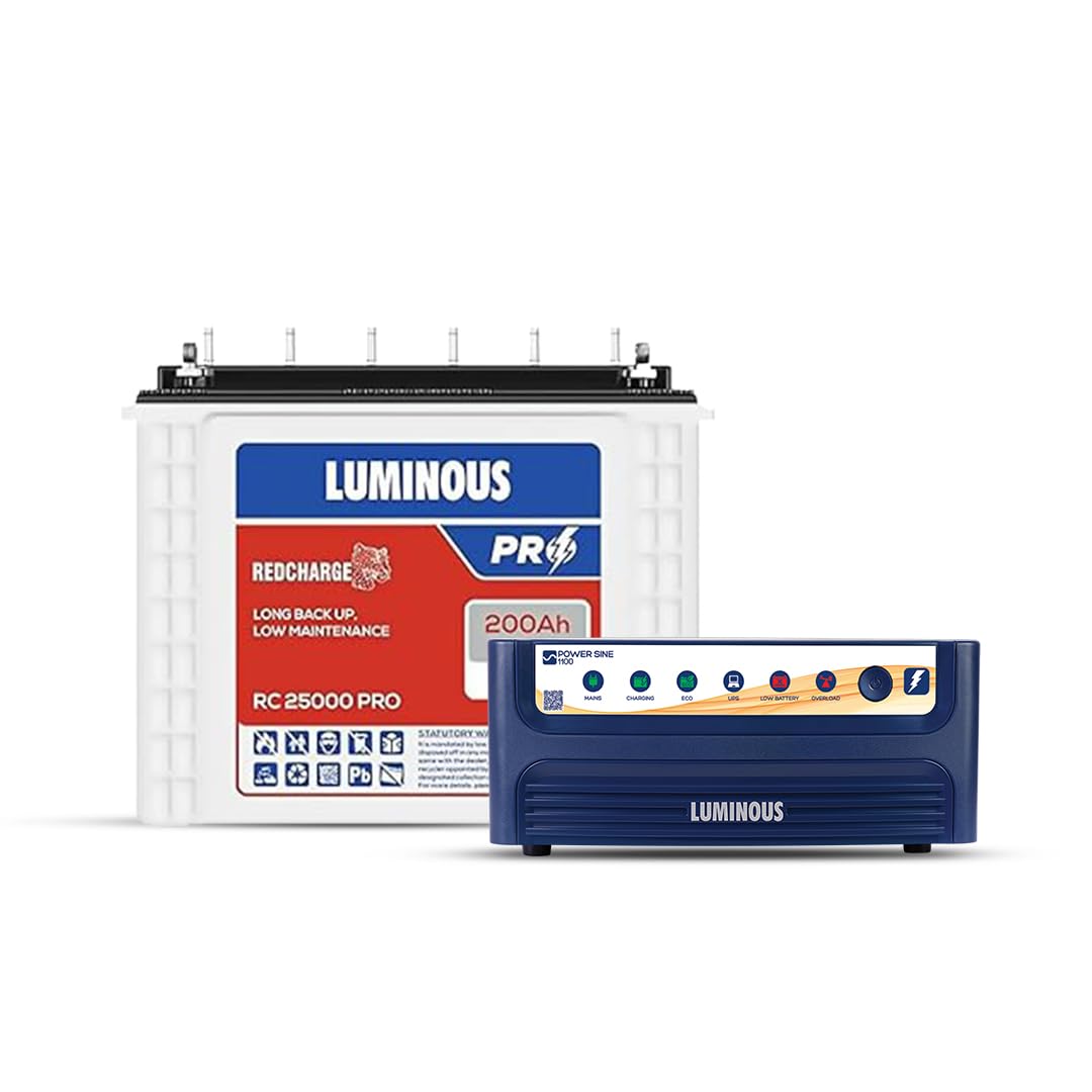 Luminous Inverter & Battery Combo (Power sine 1100 Pure Sine Wave 900VA/12V Inverter with Red Charge RC25000 PRO 200Ah Battery) for Home, Office & Shops