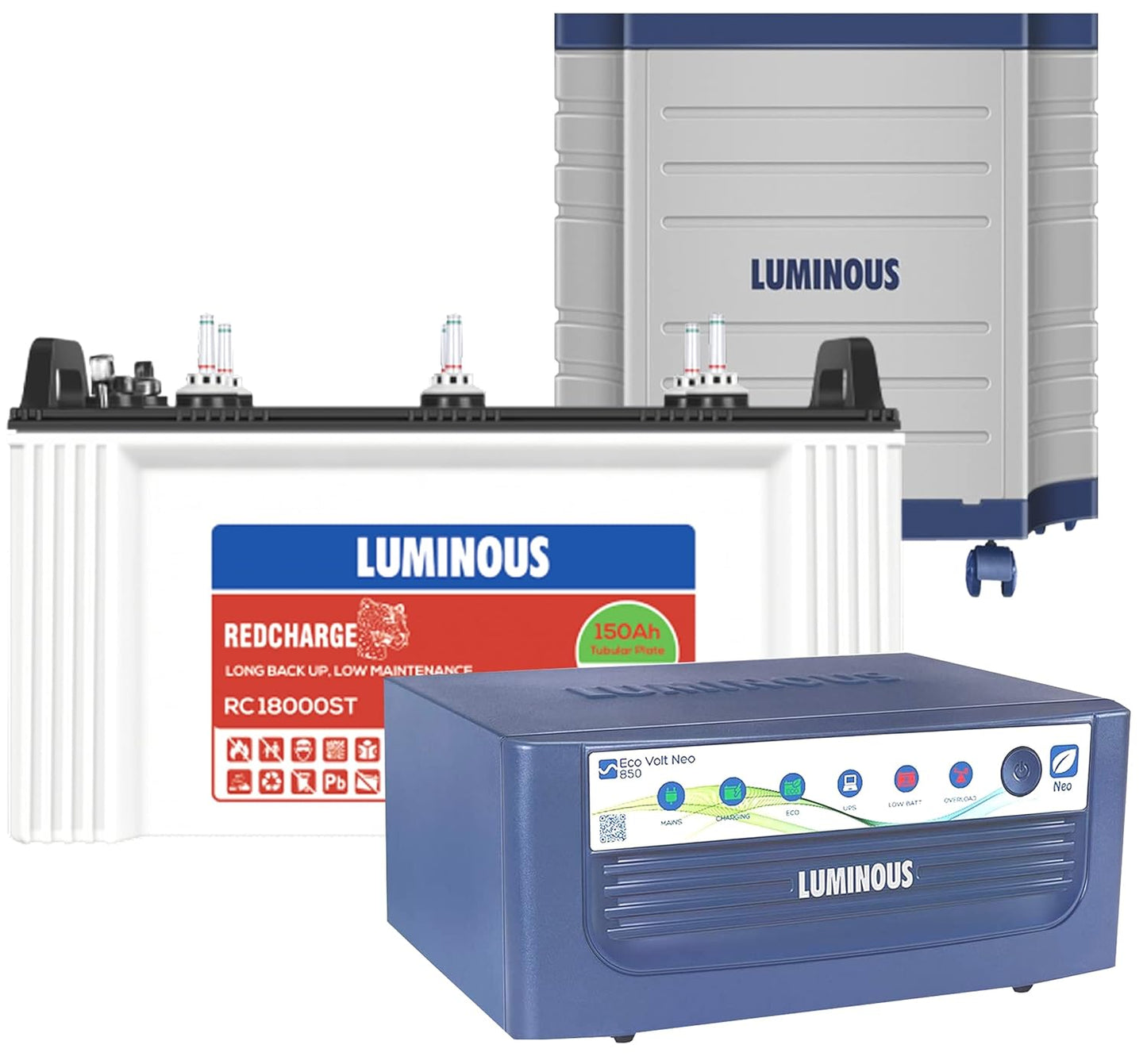 Luminous Eco Volt Neo 850 Pure Sine Wave Inverter + Red Charge RC18000 ST 150 Ah Short Tubular Battery Combo with Trolley for Home, Office & Shops (Blue & White)