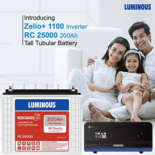 Luminous Inverter & Battery Combo for Home, Shop & Office – Zelio+ 1100 (900VA/12V) Pure Sine Wave Inverter + RC25000 200Ah Tall Tubular Battery | 36M Warranty on Inverter & Battery