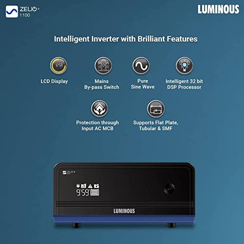 Luminous Inverter & Battery Combo for Home, Shop & Office – Zelio+ 1100 (900VA/12V) Pure Sine Wave Inverter + RC25000 200Ah Tall Tubular Battery | 36M Warranty on Inverter & Battery
