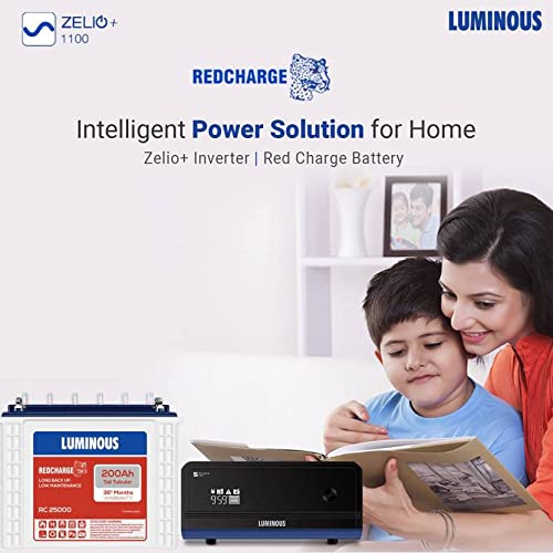 Luminous Inverter & Battery Combo for Home, Shop & Office – Zelio+ 1100 (900VA/12V) Pure Sine Wave Inverter + RC25000 200Ah Tall Tubular Battery | 36M Warranty on Inverter & Battery