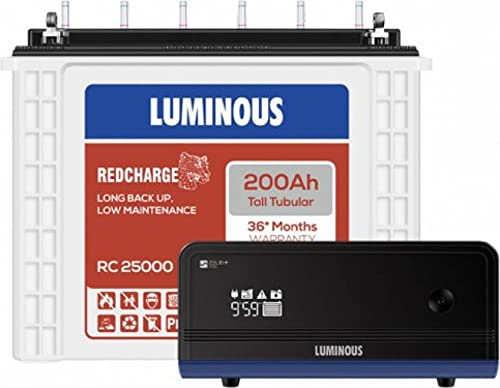 Luminous Inverter & Battery Combo for Home, Shop & Office – Zelio+ 1100 (900VA/12V) Pure Sine Wave Inverter + RC25000 200Ah Tall Tubular Battery | 36M Warranty on Inverter & Battery