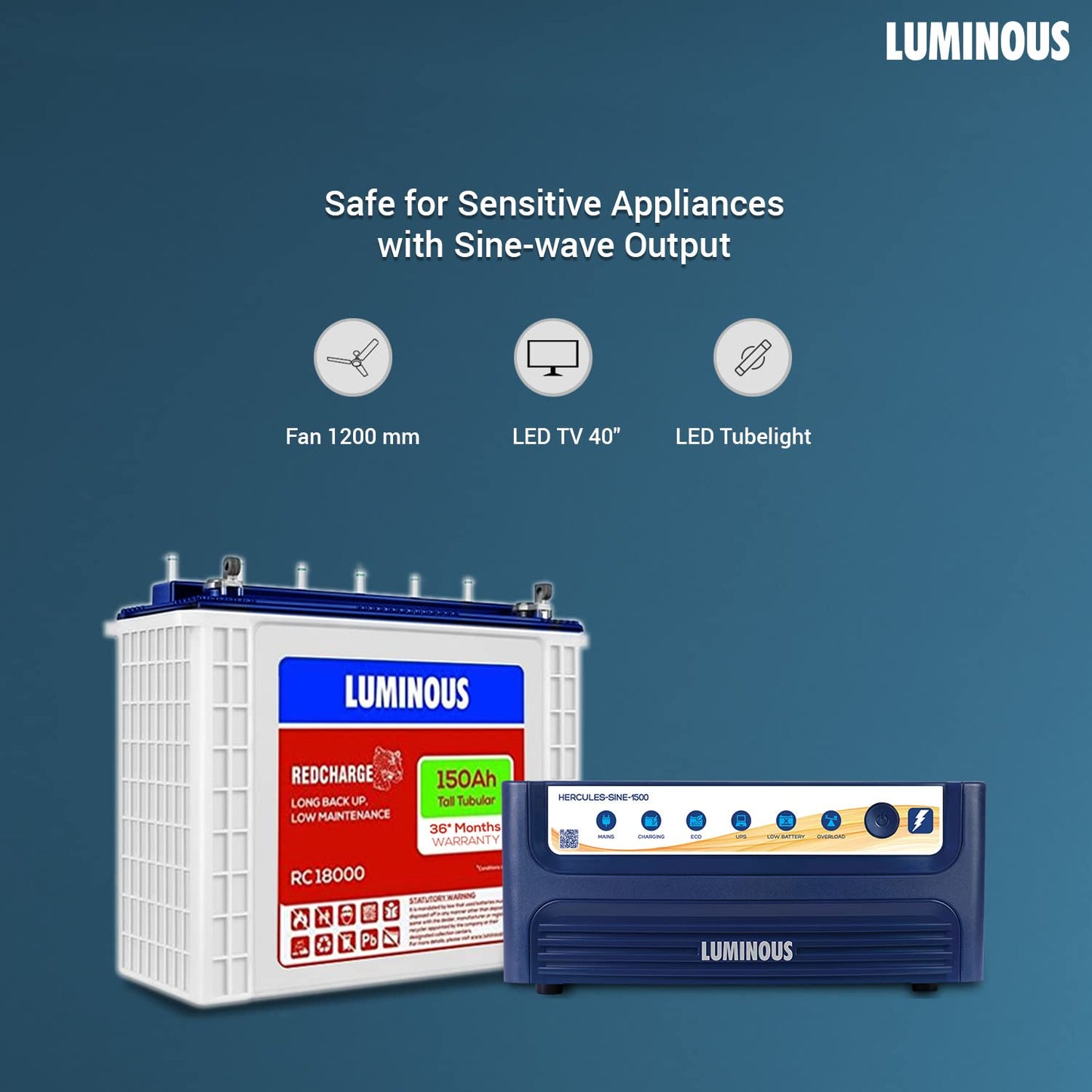 Luminous Inverter & Battery Combo for Home, Office & Shops (Hercules 1500 + RC 18000)