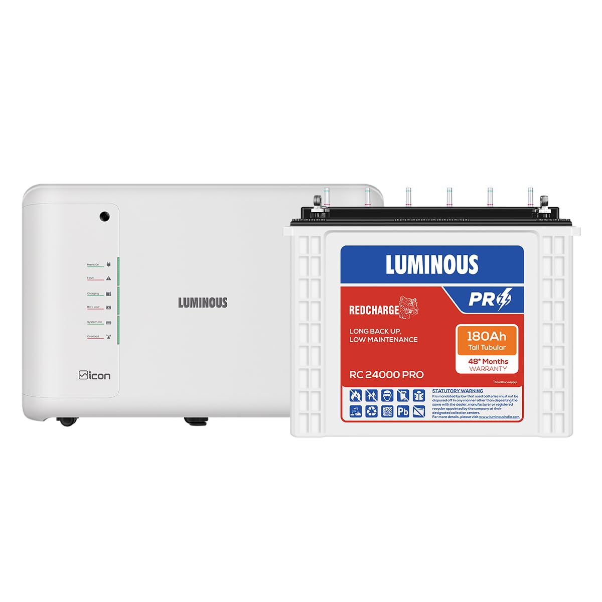 Luminous Inverter & Battery Combo (Icon 1100 Pure Sine Wave 900VA/12V Inverter with RC24000 PRO Tall Tubular 180Ah Battery) for Home, Office & Shops
