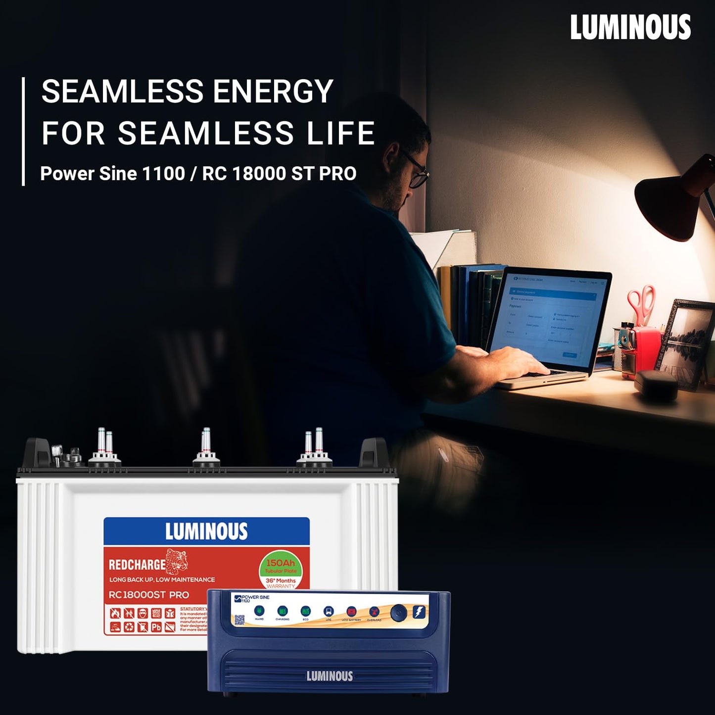 Luminous Inverter & Battery Combo (Power sine 1100 Pure Sine Wave 900VA/12V Inverter with Red Charge RC18000ST PRO 150Ah Battery) for Home, Office & Shops