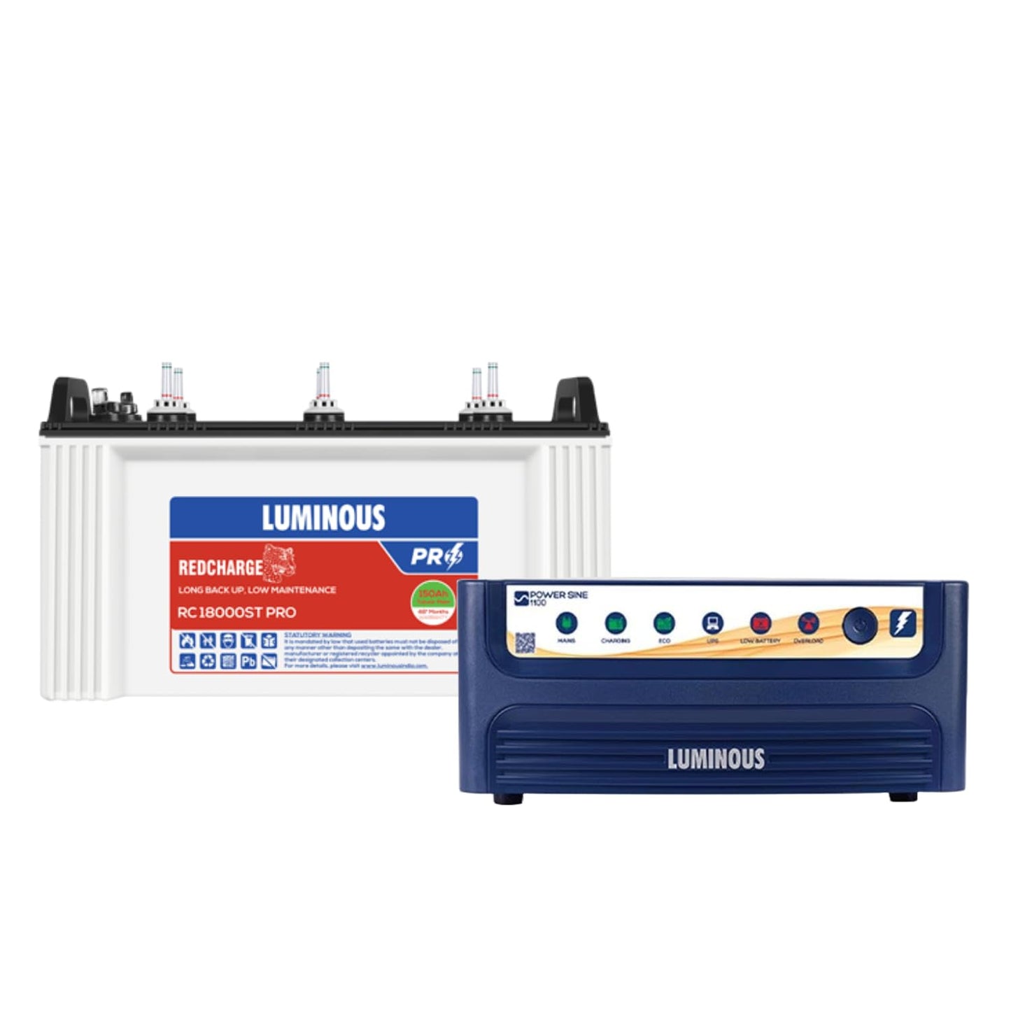 Luminous Inverter & Battery Combo (Power sine 1100 Pure Sine Wave 900VA/12V Inverter with Red Charge RC18000ST PRO 150Ah Battery) for Home, Office & Shops
