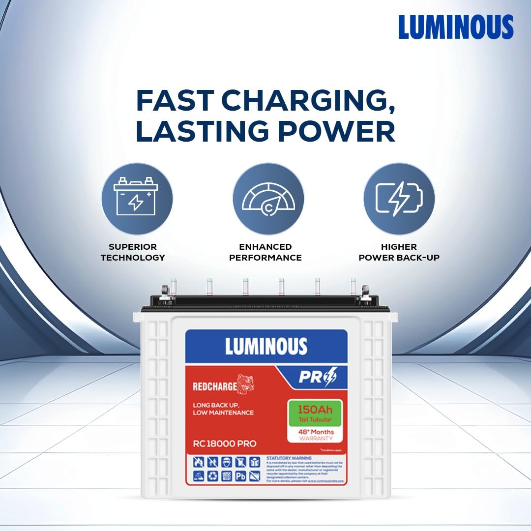 Luminous Inverter & Battery Combo (Zolt 1100 Pure Sine Wave 900VA/12V Inverter with RC18000 PRO Tall Tubular 150Ah Battery) for Home, Office & Shops