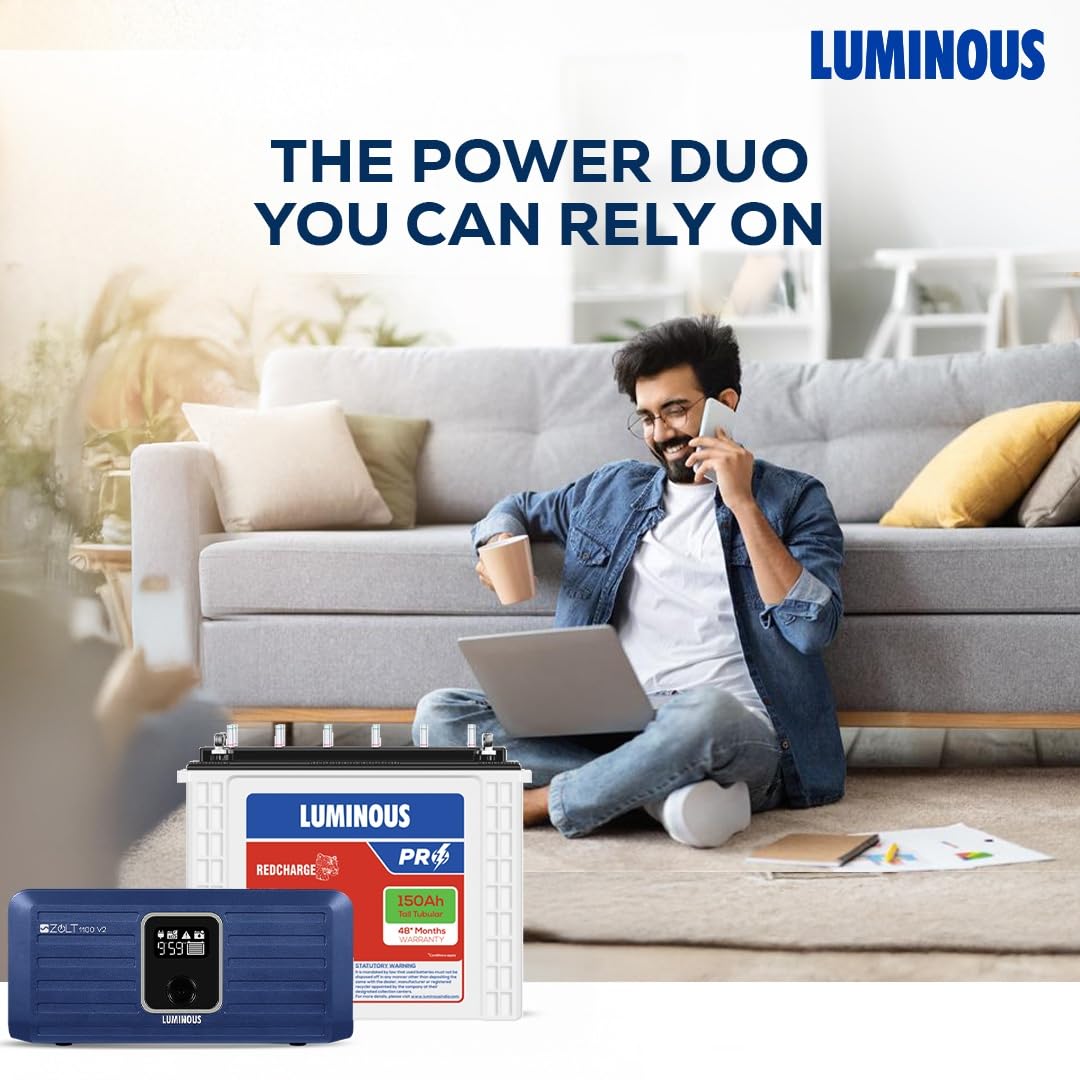 Luminous Inverter & Battery Combo (Zolt 1100 Pure Sine Wave 900VA/12V Inverter with RC18000 PRO Tall Tubular 150Ah Battery) for Home, Office & Shops