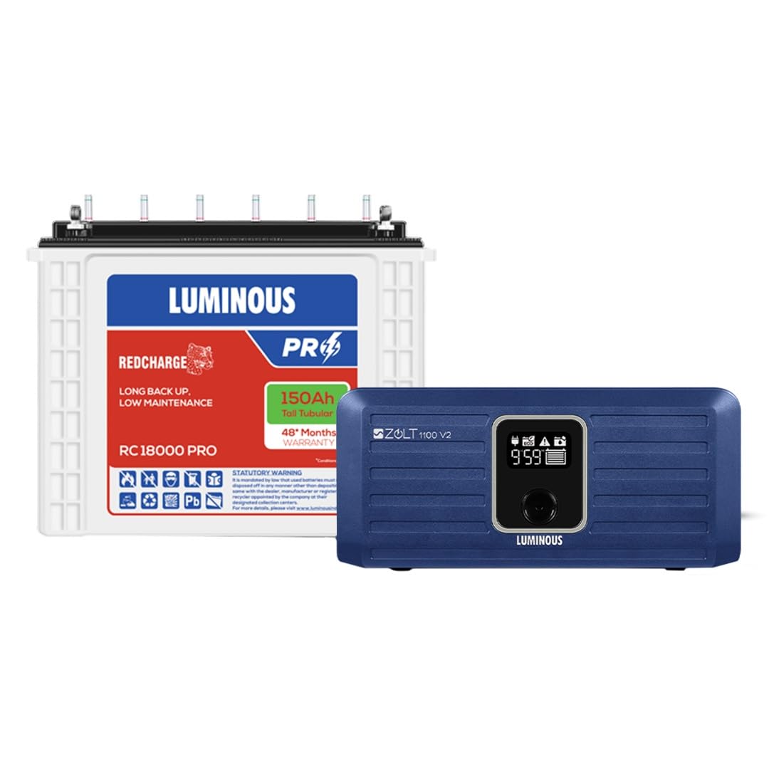 Luminous Inverter & Battery Combo (Zolt 1100 Pure Sine Wave 900VA/12V Inverter with RC18000 PRO Tall Tubular 150Ah Battery) for Home, Office & Shops