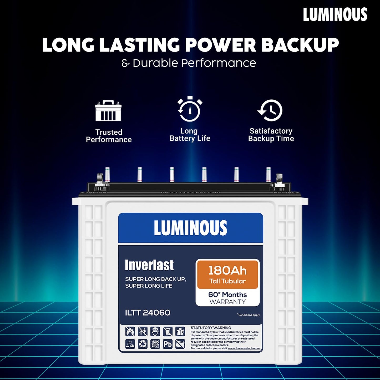 Luminous Inverter & Battery Combo with Trolley (Hercules 1600 Square Wave 1500VA/12V Inverter with ILTT24060 Tall Tubular 180Ah Battery) for Home, Office & Shops