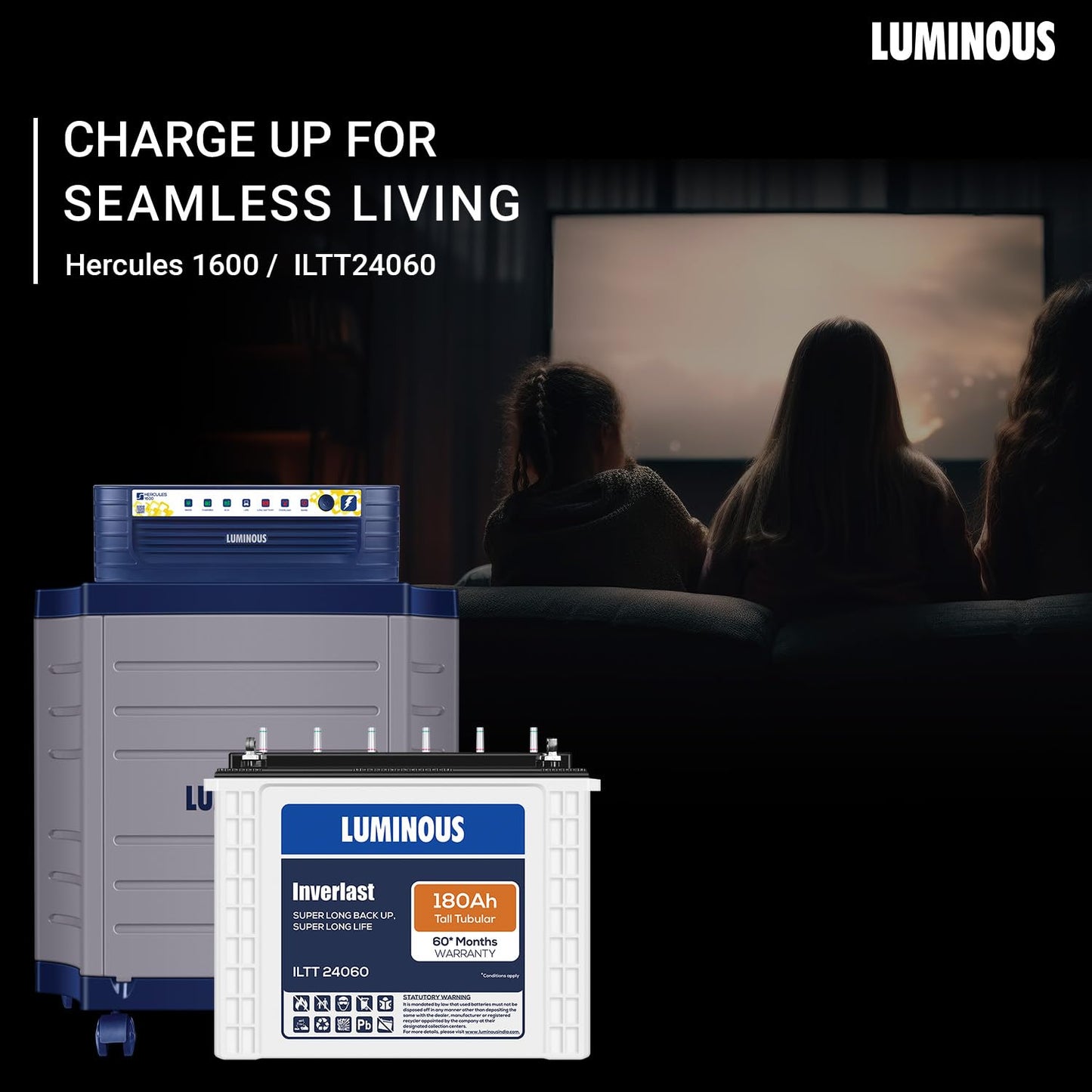 Luminous Inverter & Battery Combo with Trolley (Hercules 1600 Square Wave 1500VA/12V Inverter with ILTT24060 Tall Tubular 180Ah Battery) for Home, Office & Shops