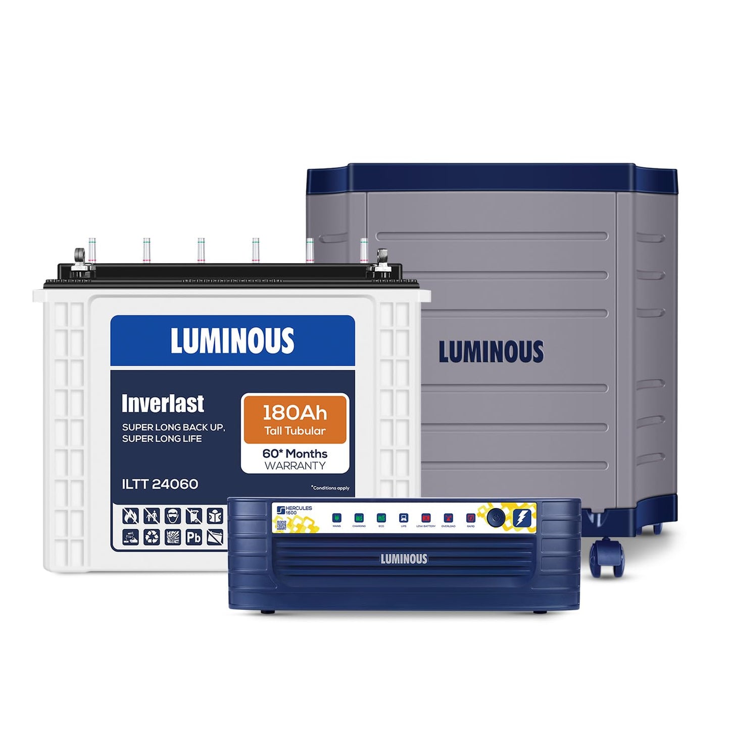 Luminous Inverter & Battery Combo with Trolley (Hercules 1600 Square Wave 1500VA/12V Inverter with ILTT24060 Tall Tubular 180Ah Battery) for Home, Office & Shops