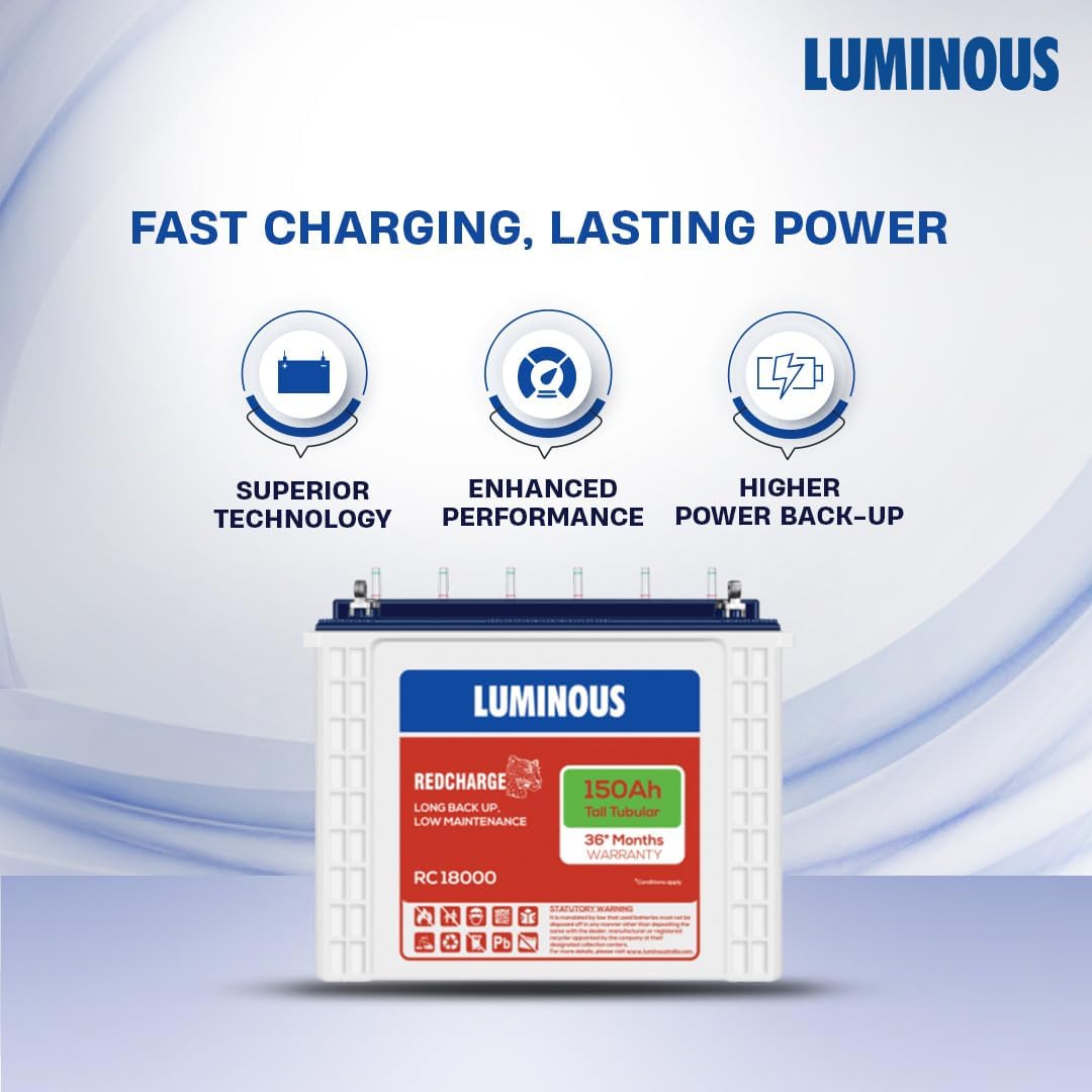 Luminous Inverter & Battery Combo (Power sine 1100 Pure Sine Wave 900VA/12V Inverter with RC18000 Tall Tubular 150Ah Battery + Trolley) for Home, Office & Shops