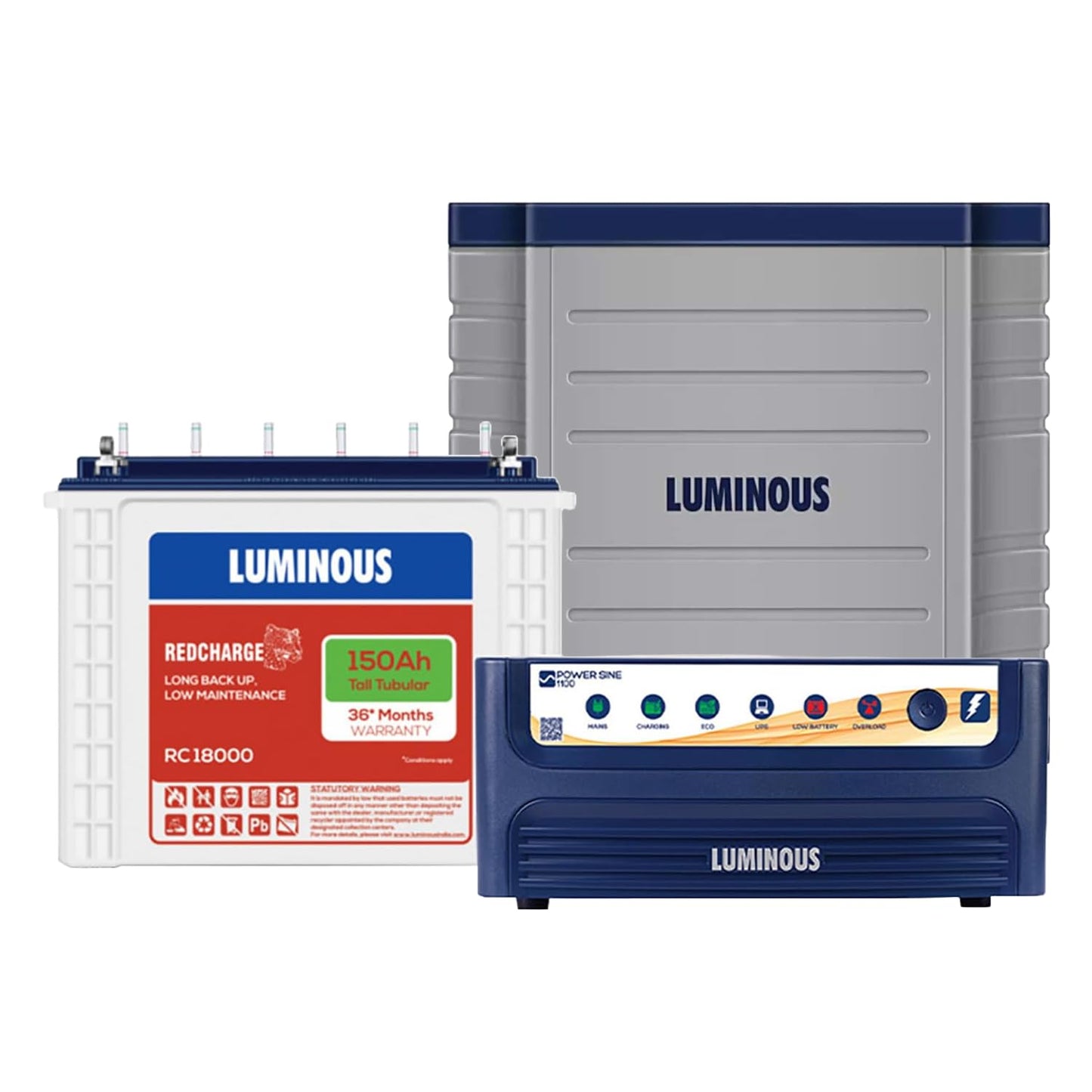Luminous Inverter & Battery Combo (Power sine 1100 Pure Sine Wave 900VA/12V Inverter with RC18000 Tall Tubular 150Ah Battery + Trolley) for Home, Office & Shops