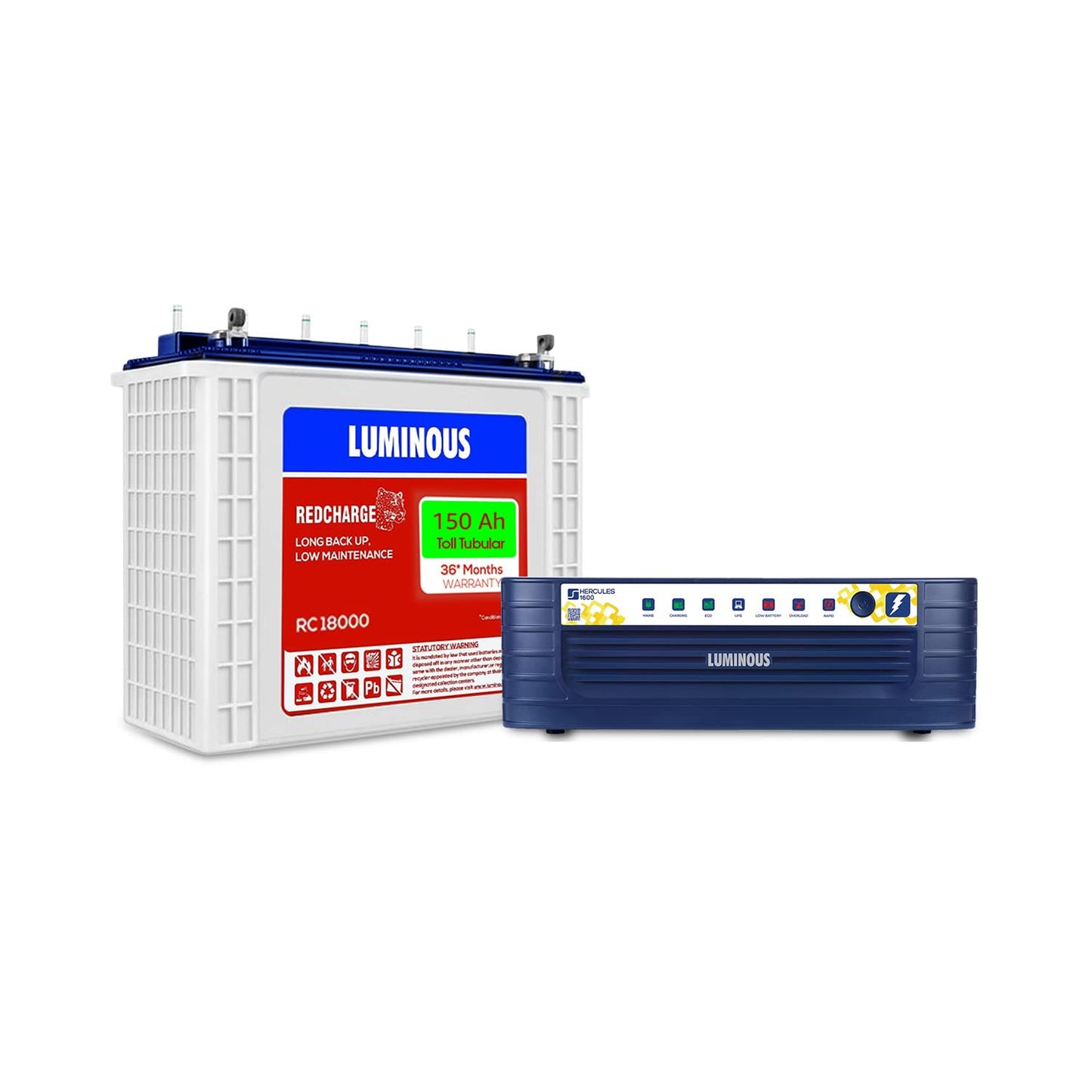 Luminous Inverter with Battery Combo (Hercules 1600 Square Wave 1500VA 12 Volt Inverter with Red Charge RC 18000 Tall Tubular 150 Ah Battery) for Home, Office & Shop