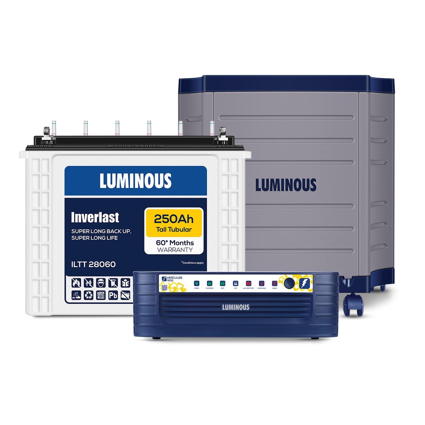 Luminous Inverter & Battery Combo with Trolley (Hercules 1600 Square Wave 1500VA/12V Inverter with ILTT28060 Tall Tubular 250Ah Battery) for Home, Office & Shops