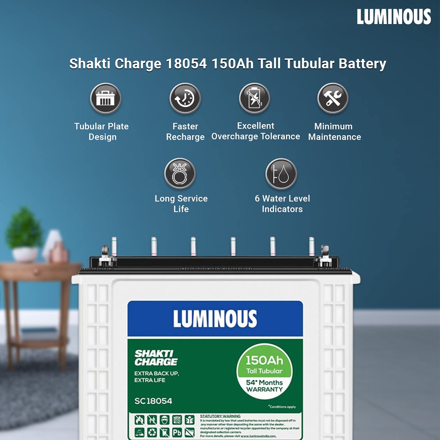 Luminous Eco Volt + 1050 with Shakti Charge SC18060 150Ah Tall Tubular Battery (White and Blue)