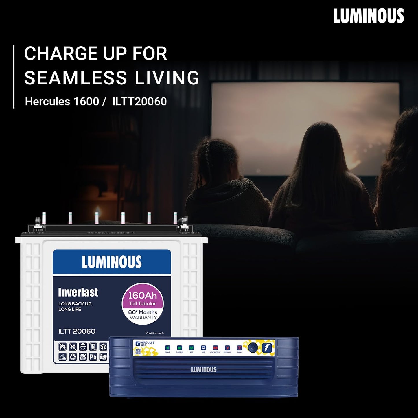 Luminous Inverter & Battery Combo (Hercules 1600 Square Wave 1500VA/12V Inverter with ILTT20060 Tall Tubular 160Ah Battery) for Home, Office & Shops