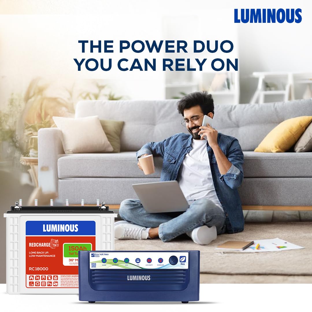 Luminous Inverter & Battery Combo for Home, Shop & Office – Eco Volt Neo 1050 (900VA/12V) Sine Wave Inverter + RC18000 150Ah Tall Tubular Battery | 36M Warranty on Inverter & Battery