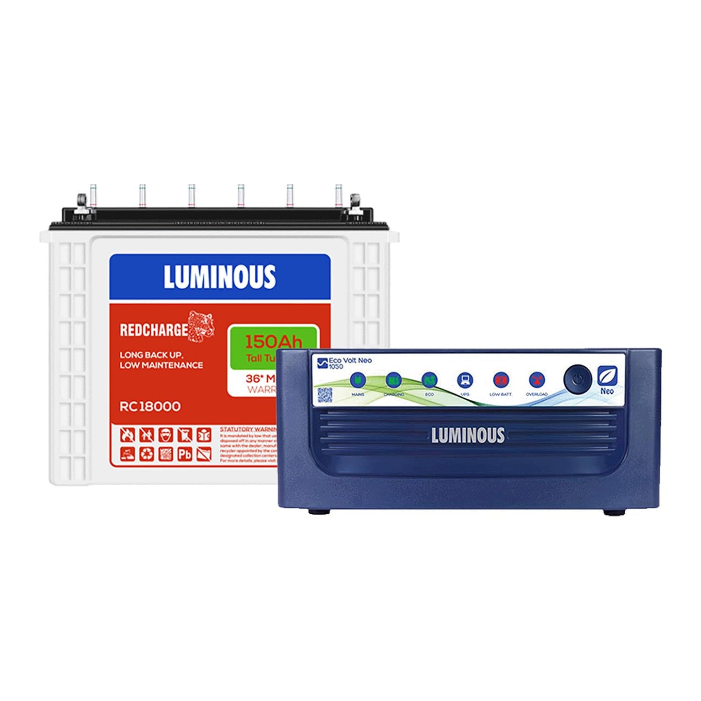 Luminous Inverter & Battery Combo for Home, Shop & Office – Eco Volt Neo 1050 (900VA/12V) Sine Wave Inverter + RC18000 150Ah Tall Tubular Battery | 36M Warranty on Inverter & Battery