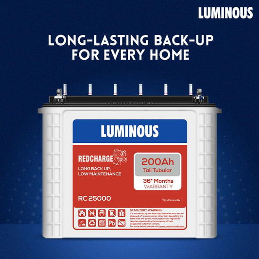 Luminous Red Charge RC 25000 Tall Tubular Inverter Battery for Home, Office & Shops | 200 Ah High-Performance, Durable & Low Maintenance Battery | Easy Installation | 36 Months Warranty