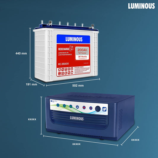 Luminous Inverter & Battery Combo for Home, Shop & Office – Eco Volt Neo 1550 (1400VA/12V) Sine Wave Inverter + RC25000 200Ah Tall Tubular Battery | 36M Warranty on Inverter & Battery
