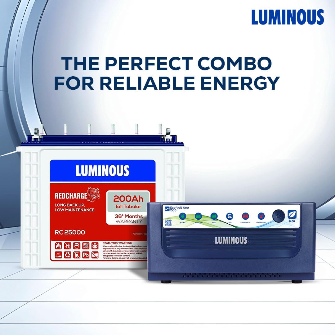 Luminous Inverter & Battery Combo for Home, Shop & Office – Eco Volt Neo 1550 (1400VA/12V) Sine Wave Inverter + RC25000 200Ah Tall Tubular Battery | 36M Warranty on Inverter & Battery
