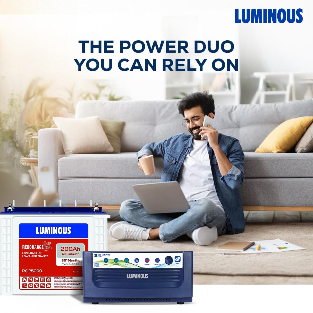 Luminous Inverter & Battery Combo for Home, Shop & Office – Eco Volt Neo 1550 (1400VA/12V) Sine Wave Inverter + RC25000 200Ah Tall Tubular Battery | 36M Warranty on Inverter & Battery