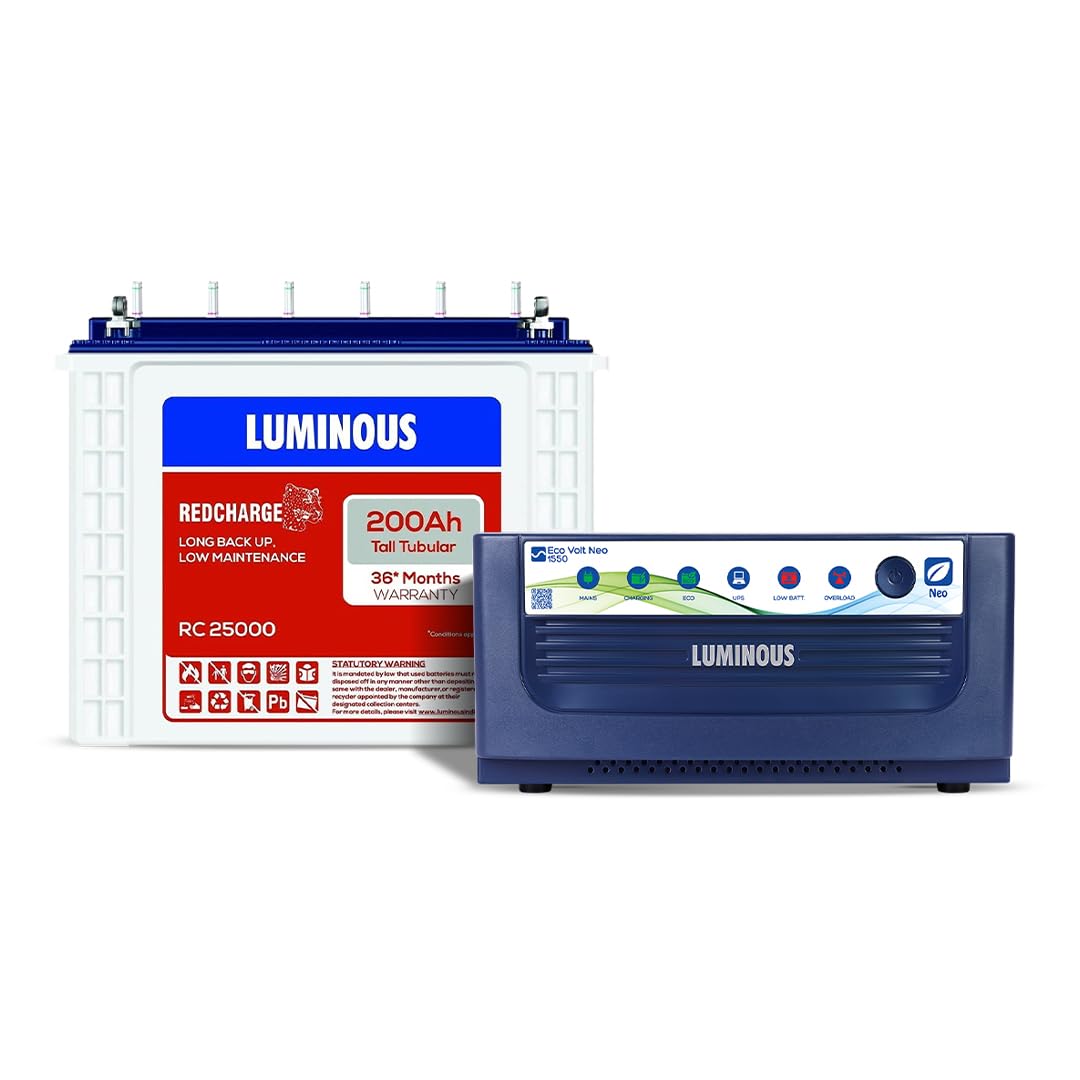 Luminous Inverter & Battery Combo for Home, Shop & Office – Eco Volt Neo 1550 (1400VA/12V) Sine Wave Inverter + RC25000 200Ah Tall Tubular Battery | 36M Warranty on Inverter & Battery