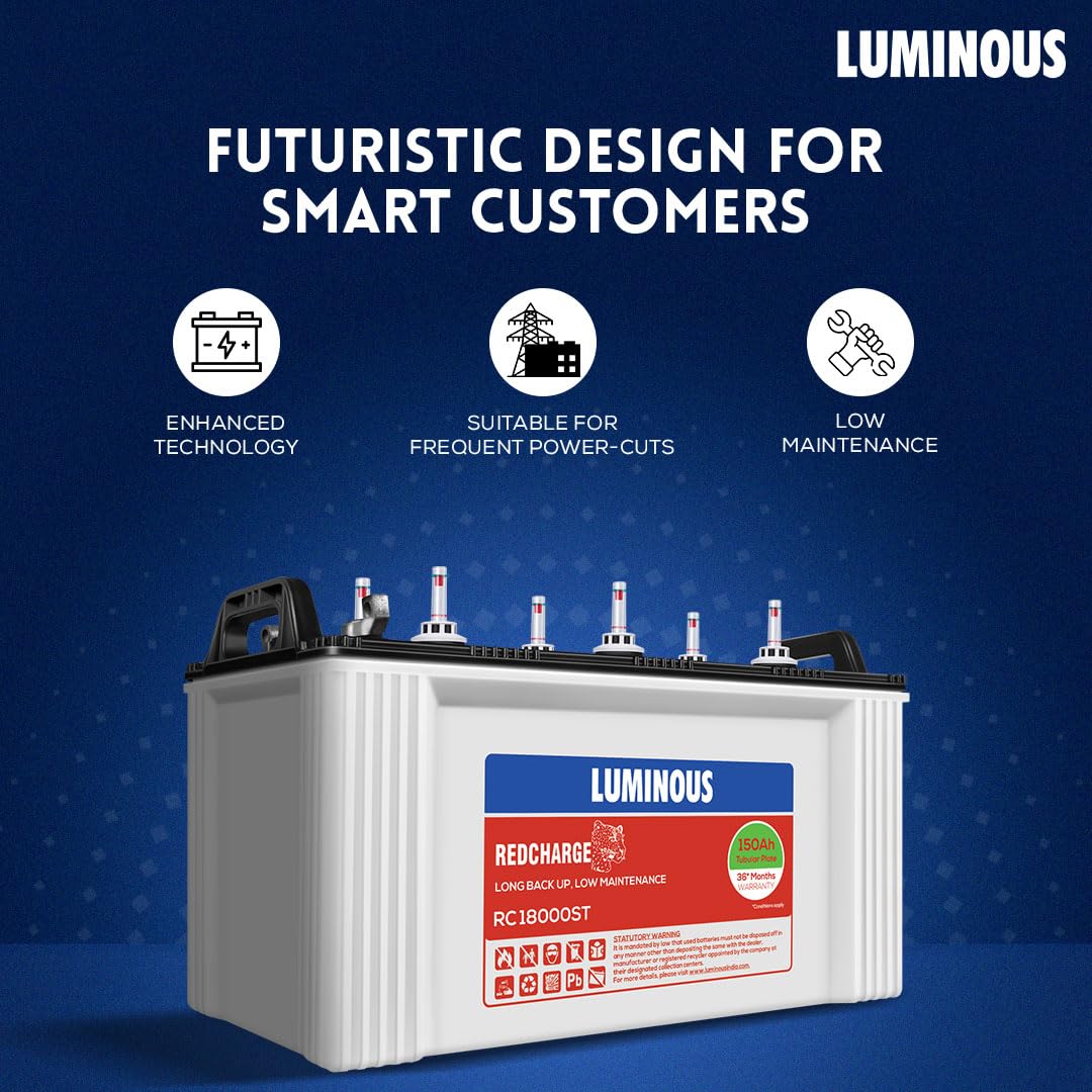 Luminous Red Charge RC 18000ST Short Tubular Inverter Battery for Home, Office & Shops | 150Ah/12V High-Performance, Durable & Low Maintenance Battery | Easy Installation | 36 Months Warranty